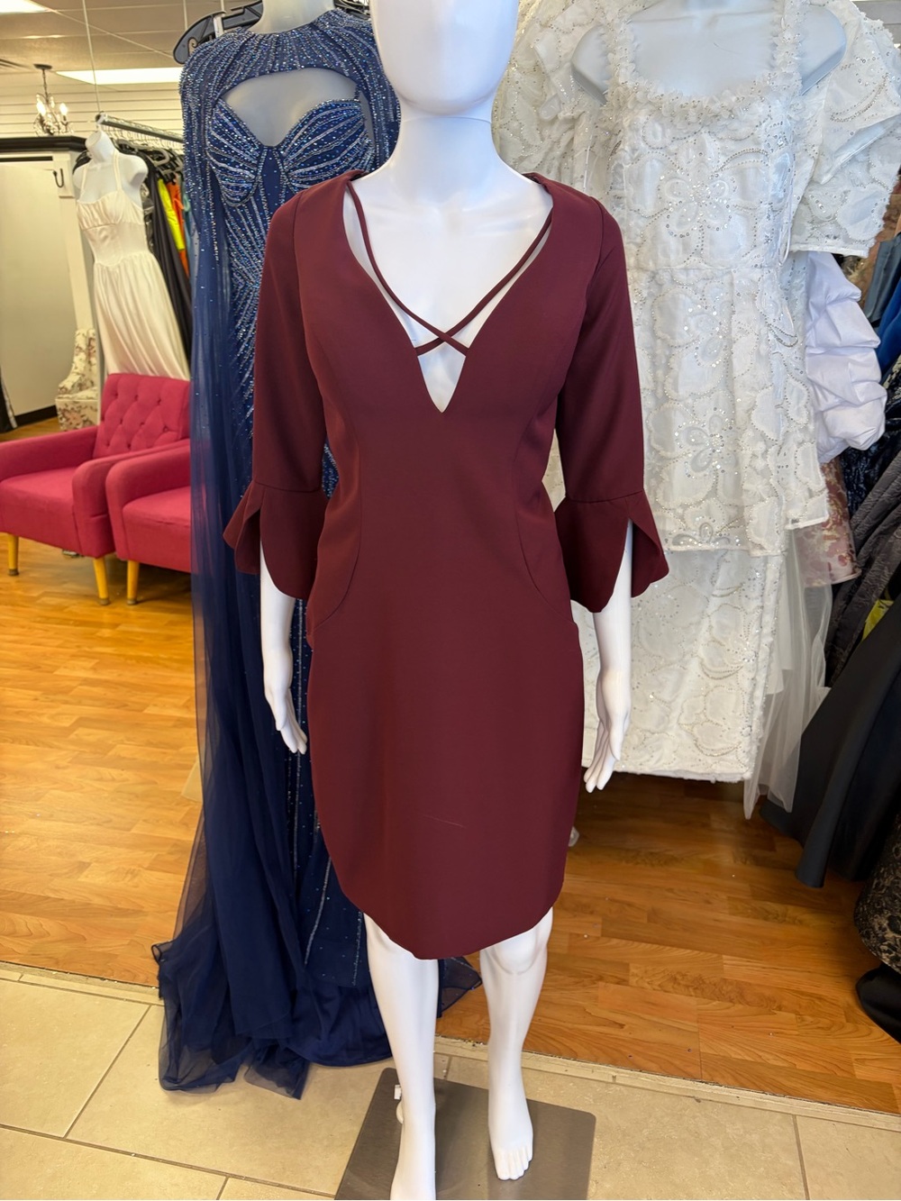 Women's Burgundy V-Neck Long Sleeve Midi Sheath Dress size 10
